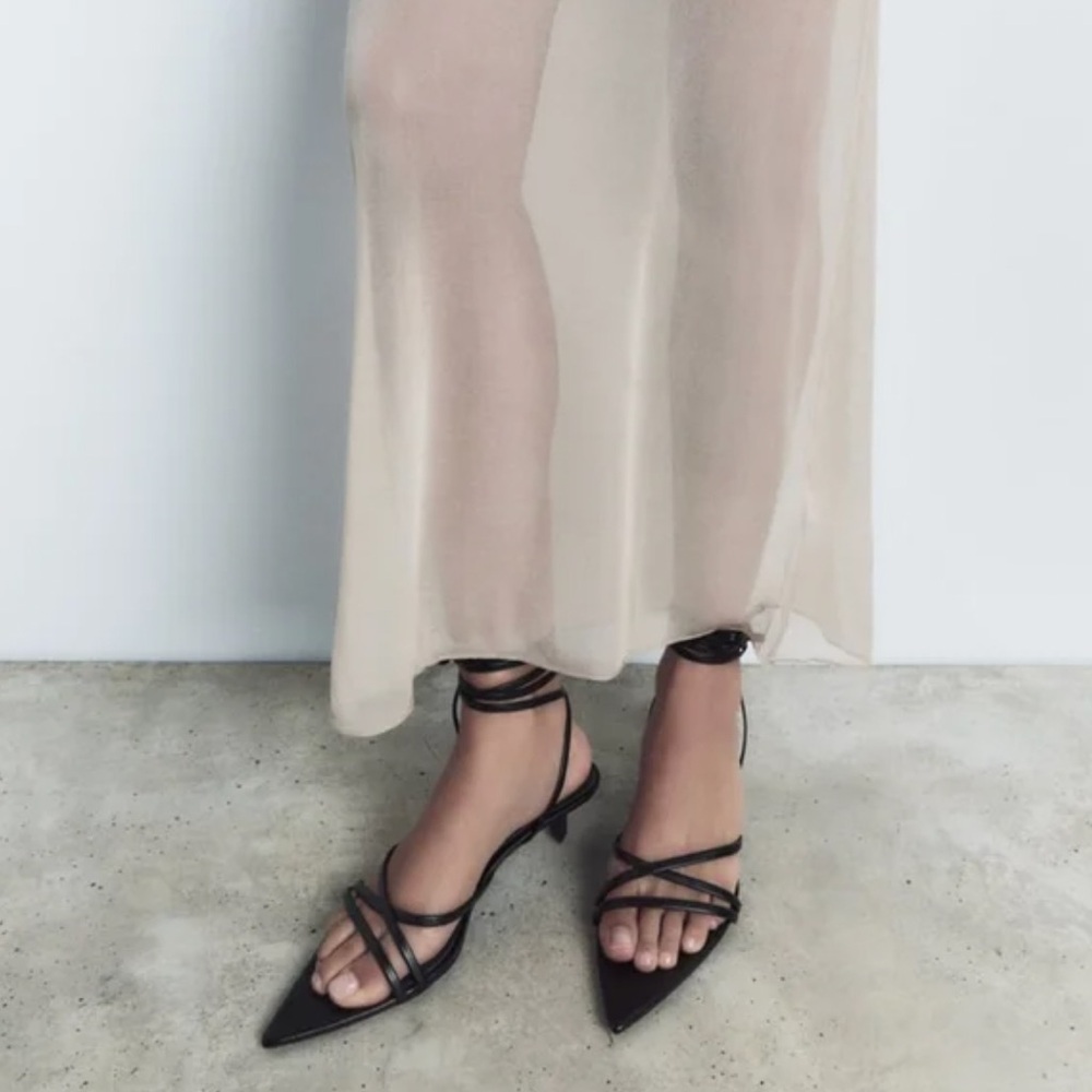 Zara Black Pointed Toe Strappy Ankle Tie Sandals